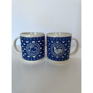 Set of 2 Vintage Ceramic Rooster And Pig Mug Coffee Tea Cup Blue ‎ 3.75"x3.25"